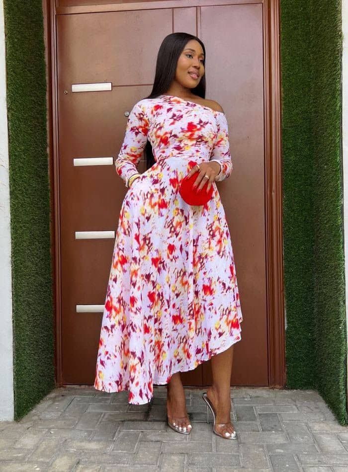 Flowered Crepe Material Long Gown