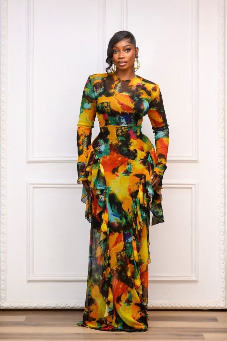 Flowered Crepe Material Long Gown