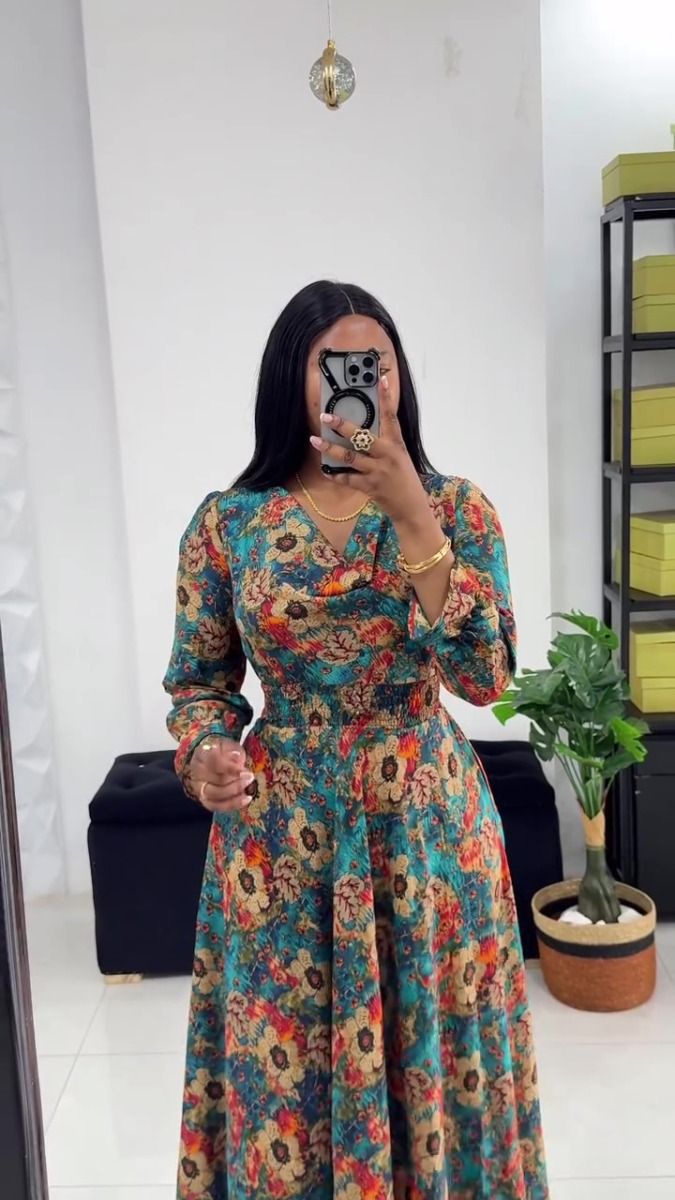 Flowered Crepe Material Long Gown