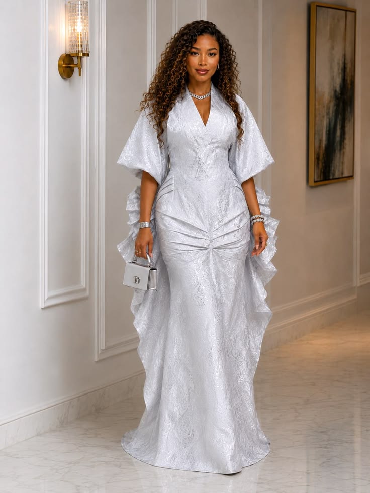 White Brocade Long Gown Ideas