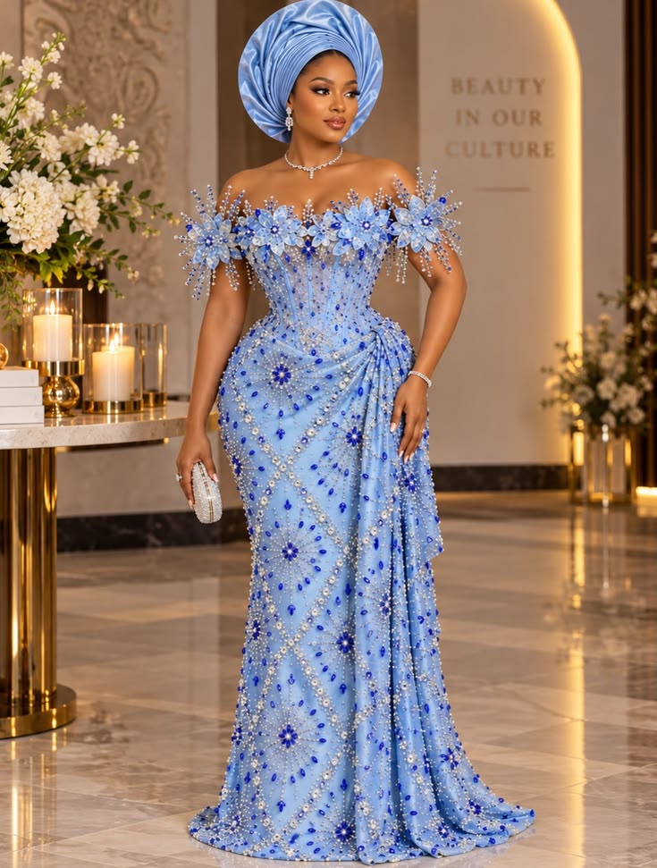 Off-Shoulder Asoebi Ideas with Lace 